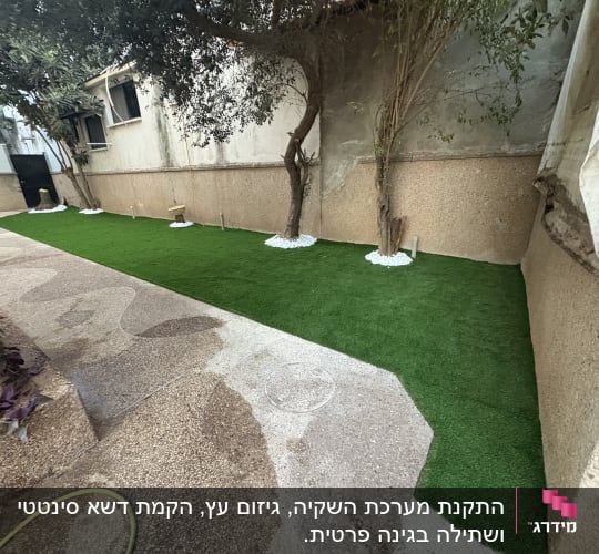 גינה עם דשא סינתטי ועצים לאורך הקיר